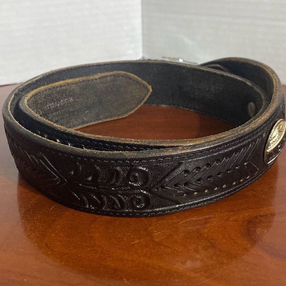 PRCA Rodeo Black Tooled Leather Belt Metal Buckle with Mother of Pearl Adult 34 main image 7